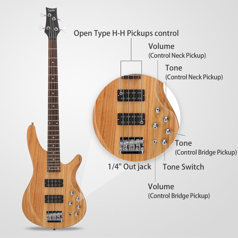 Glarry GIB 4 String Bass Guitar Full Size HH Pickup - Burlywood