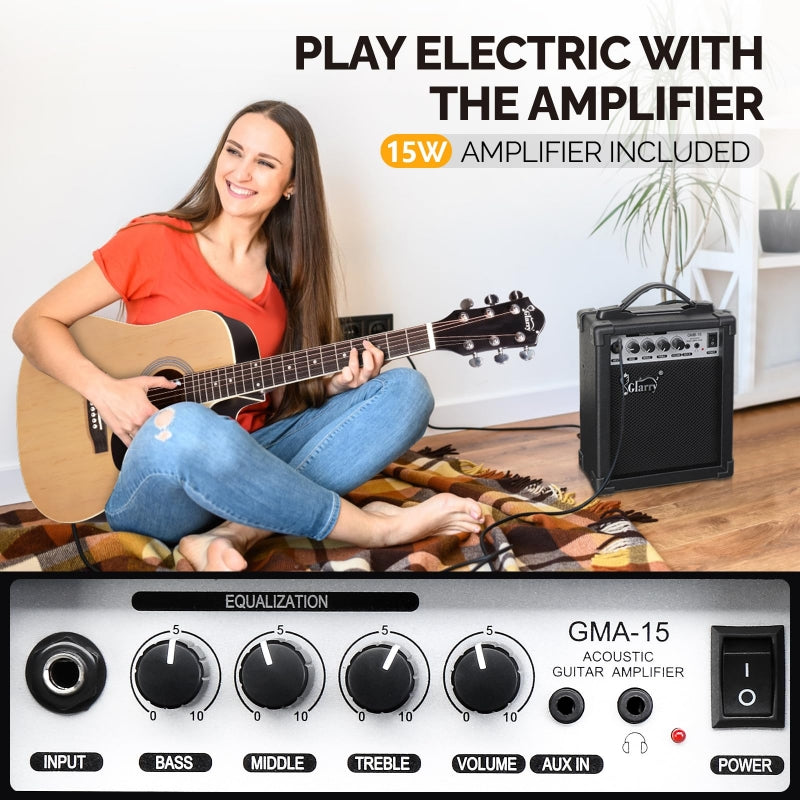 Glarry GMA101 41 Inch EQ Acoustic Guitar w/15W Amp - Burlywood