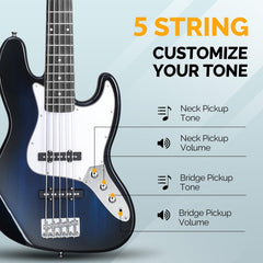 Glarry GJazz Electric 5 String Bass Guitar Full Size - Blue