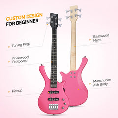 Glarry GW101 36in Kid's Electric Bass Guitar - Pink