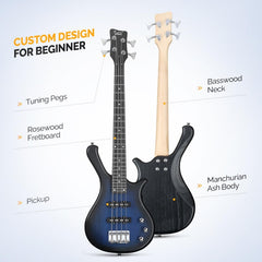 Glarry GW101 36in Kid's Electric Bass Guitar - Blue